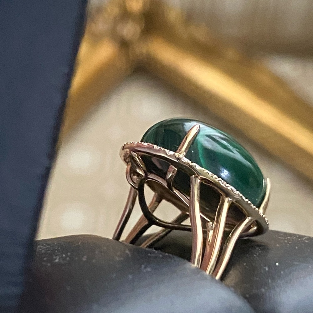 1980s Malachite 14kt Gold Ring With .50ct Diamonds, Approximate Size 7.5 - 8.5 - Picture 8 of 15